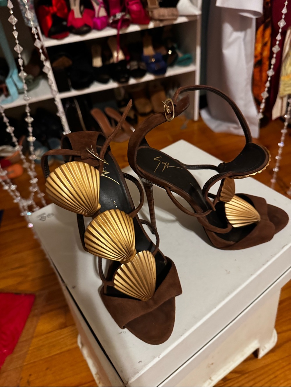 Giuseppe Zanotti Brown Suede Heels with Gold Shell Accents